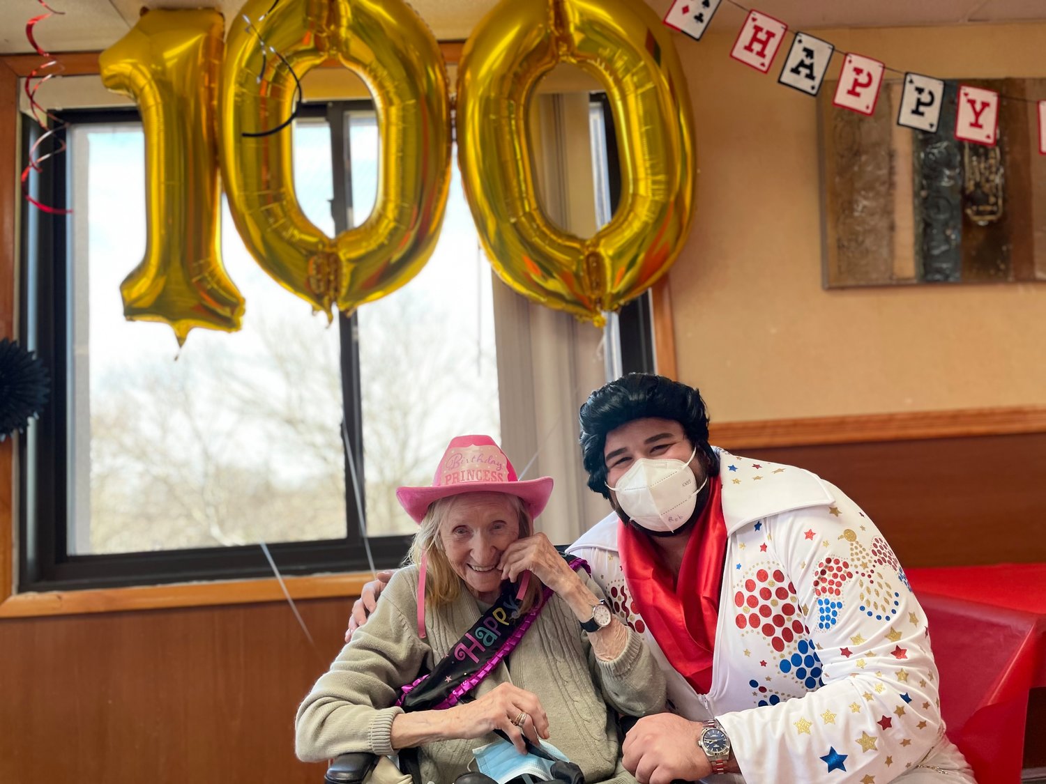 Virginia “Ginny” Brinker celebrated her 100th birthday with an Elvis impersonator at Suffolk Center Rehabilitation and Nursing in Patchogue.